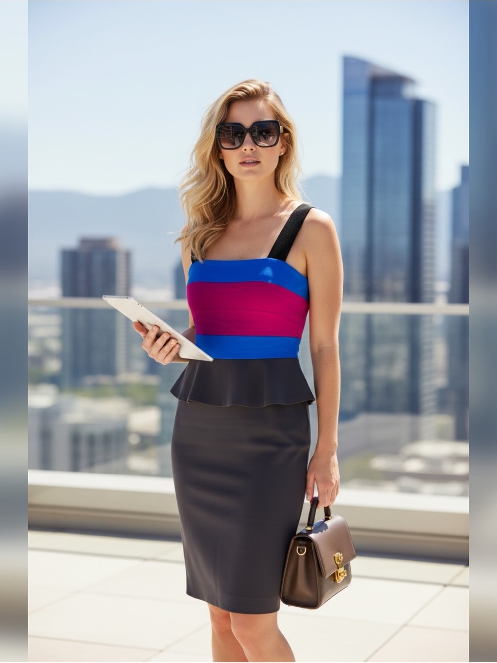 NWT $368 Jay Godfrey Colorblock Peplum Sheath Dress - Blue & Magenta Accents